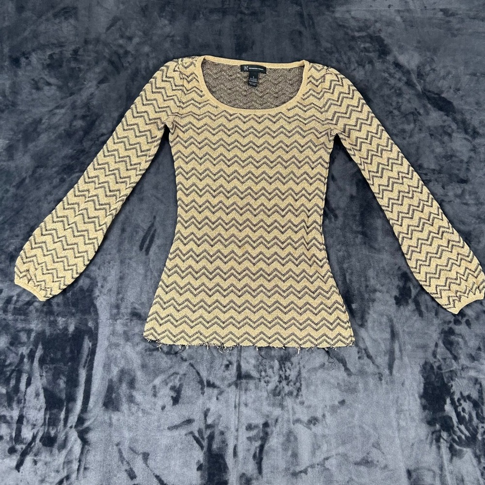 INC International Concepts Sweater Women Small Gold Black Chevron Zigzag Knit